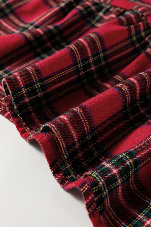 Plaid Shirt Collar Half Button Chest Pocket Ruffle Hem A Line Mini Dress